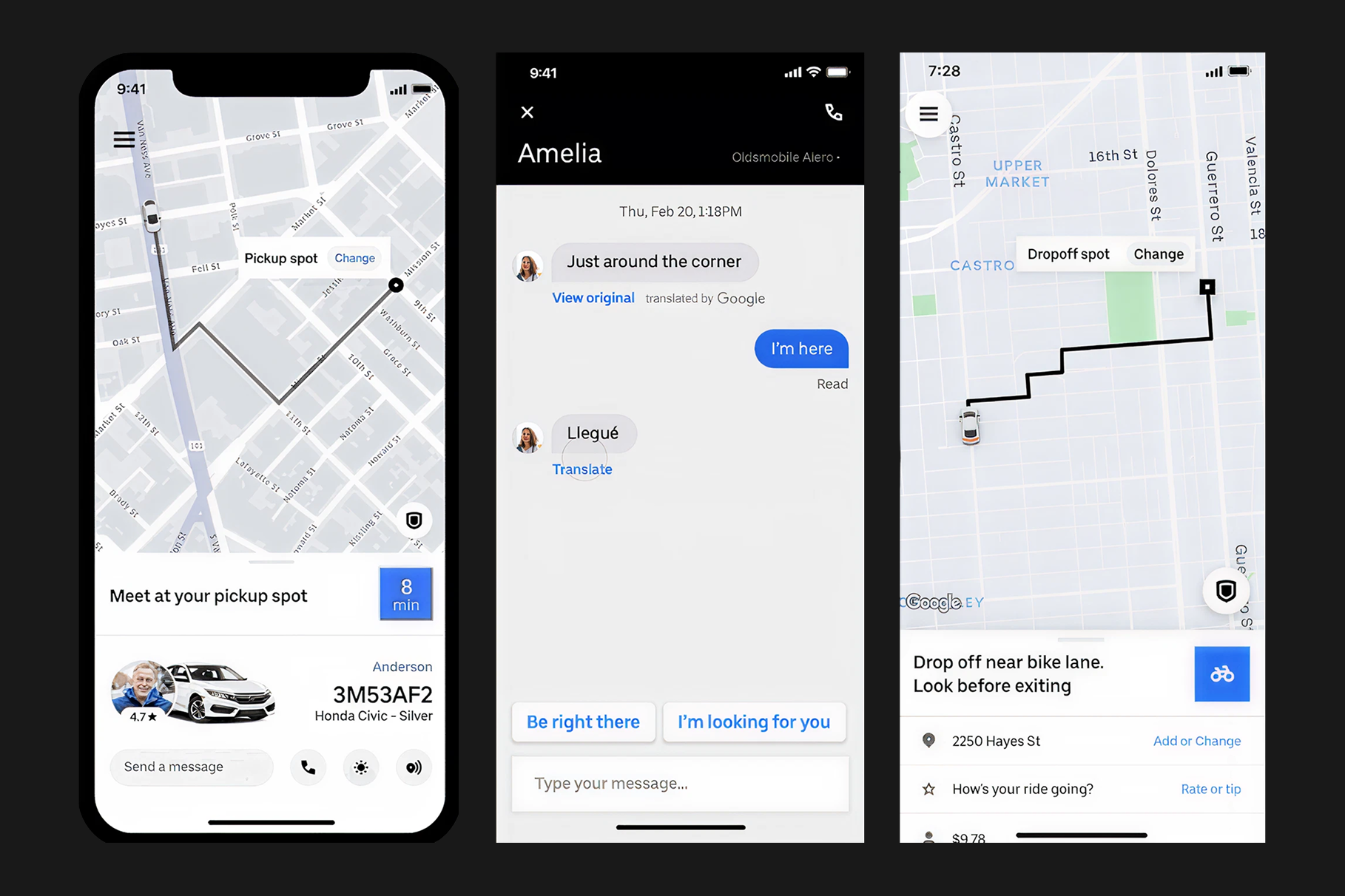 Uber in-app message translation and ride safety screens across markets
