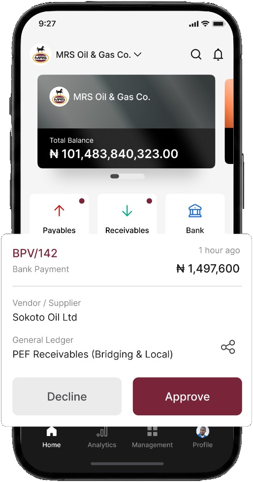 Finas screen keeping bank statements, payment requests and receipts in one place