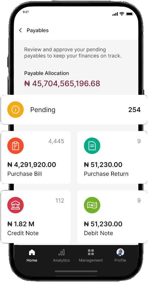 Finas Payables screen showing payable allocation and pending payment categories