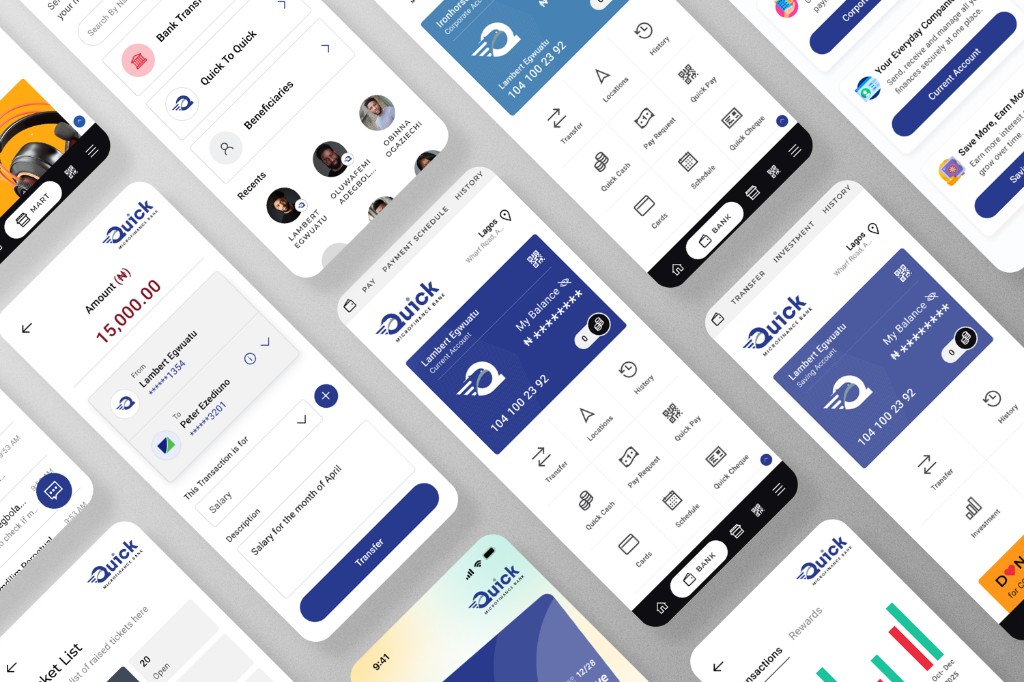 Collage of Quickbank mobile screens covering wallet, payments, chat, and support flows